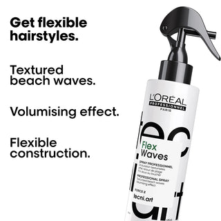 L'Oreal Professionnel hair spray bottle with text highlighting features on a white background