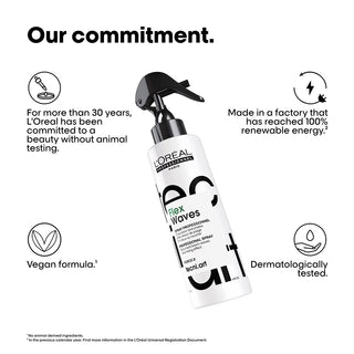 L'Oreal spray bottle with certification icons and text about their commitment to animal testing, renewable energy, vegan formula, and dermatological testing.