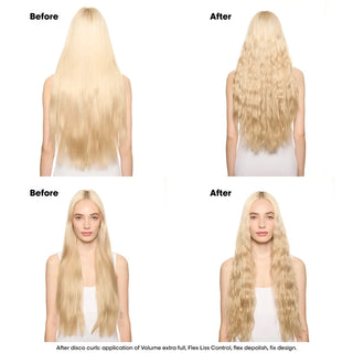 Before and after comparison of hair styling with a person wearing a white top.