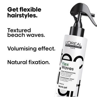 L'Oreal Flex Waves hair spray bottle with text highlighting features on a white background