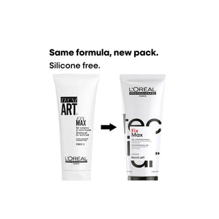 Two L'Oreal Tecni Art Fix Max hair product tubes with an arrow pointing from old packaging to new packaging on a white background.