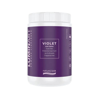 Luminart powder lightener jar with purple label on a white background