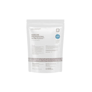 A white stand-up pouch of Mancine Professional Ultra Flexx extra fine formula, featuring a clear window near the bottom that shows the light gray beads inside, set against a plain white background.