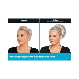 Before-and-after comparison of a woman with light blonde hair styled in a high bun, demonstrating the effect of a hair spray. The left side is labeled 'Before' and shows the hair in a slightly looser bun, while the right side is labeled 'After' and shows the hair with more volume and a polished finish.