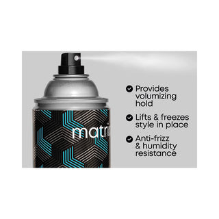 A can of Matrix hair spray shown on a light gray background with text callouts listing benefits: 'Provides volumizing hold,' 'Lifts & freezes style in place,' and 'Anti-frizz & humidity resistance.'.
