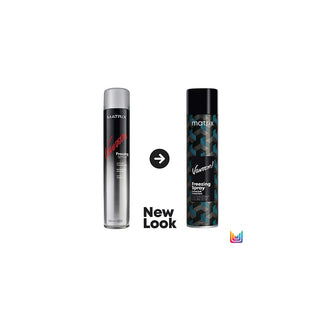 Two aerosol cans of Matrix Vavoom! HairSpray shown on a white background, with a black arrow and the text 'New Look' between them. The left can is silver and black, and the right can is black with a blue geometric pattern.