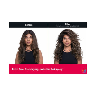Before-and-after comparison of a woman's hair showing the effect of a hair spray. The left side labeled 'Before' shows her hair in a straight, medium-length wavy state, and the right side labeled 'After' shows it in a voluminous, curly, defined state.