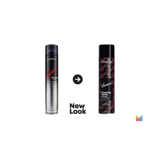 Two aerosol cans of Matrix Vavoom Hair Restoring Spray shown side by side on a white background, with a black arrow and the text 'New Look' between them. The left can is silver and black, and the right can has a black, red, and gray geometric pattern.