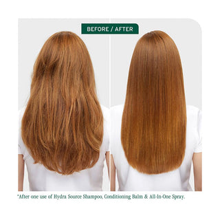 Before and after comparison of hair using Hydra Source products on a white background