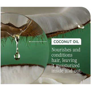 Coconut oil being poured onto hair with text about its benefits