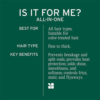 Product description card for a hair care solution on a green background