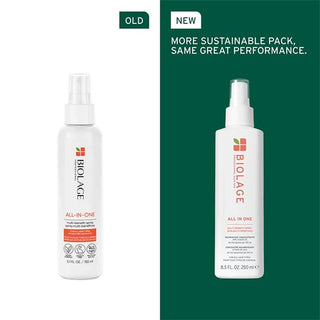 Two bottles of Biolage All-in-One product with a green background and text about sustainability.