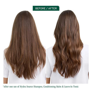 Before and after comparison of hair using Hydra Source Shampoo, Conditioning Balm & Leave-In Tonic.