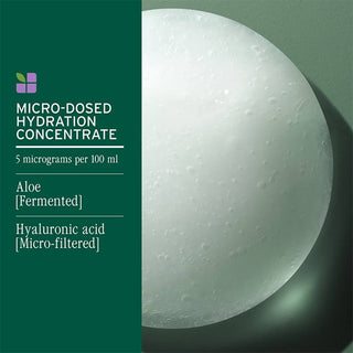 Micro-dosed hydration concentrate with aloe and hyaluronic acid on a green background
