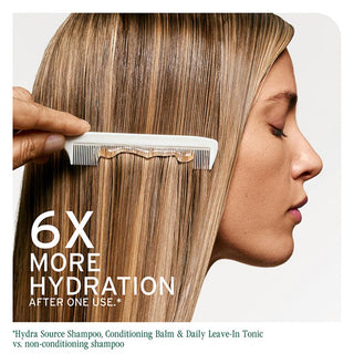 Woman with straight blonde hair being combed, with text about shampoo and hair care products.