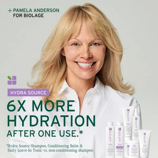 Advertisement featuring Pamela Anderson for Biolage Hydra Source hair care products with text about hydration benefits.