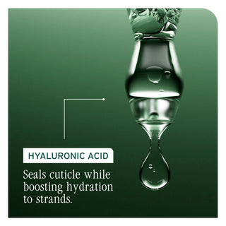 Hyaluronic acid being dripped onto a hair product with a green background