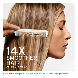 Woman with smooth hair being combed, with text claiming 14x smoother hair after one use.