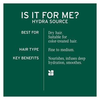 Product information card for Hydra Source hair care product on a green background