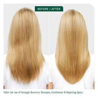 Before and after comparison of hair using Strength Recovery Shampoo, Conditioner & Repairing Spray.
