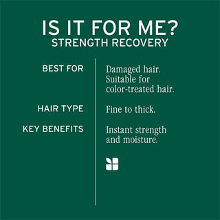 Product information card for strength recovery hair treatment on a green background