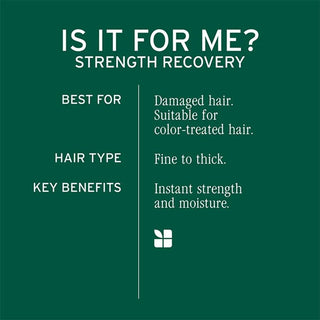 Product information card for strength recovery hair treatment on a green background