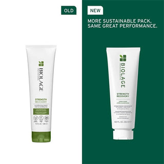 Biolage Strength Recovery conditioner tube with 'Old' and 'New' packaging comparison on a green background.