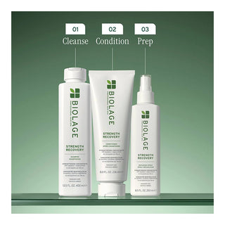 BIOLAGE hair care products with 'Cleanse', 'Condition', and 'Prep' labels on a green background