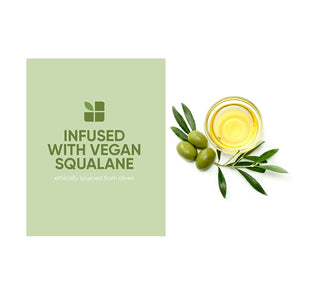 Jar of oil with olive leaves and a green label indicating 'Infused with Vegan Squalane' on a white background.