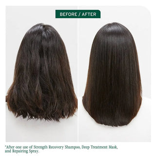 Before and after comparison of hair treatment with a person showing straightened hair on the right.