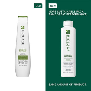 Comparison of an old and new Biolage shampoo bottle on a green background