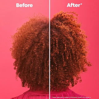 Before and after comparison of curly hair on a pink background