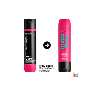 Two Matrix hair care products, 'Total Results' and 'Insta Cure', on a white background with an arrow indicating a new look.