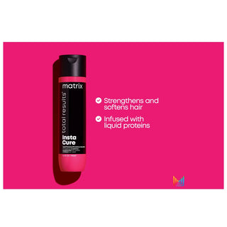 Matrix hair care product on a pink background with text about hair strengthening and softening.