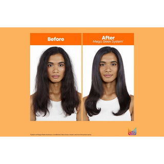 Before and after comparison of hair using a Mega Sleek System on a model with an orange background.