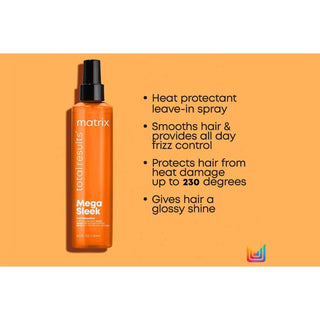 Matrix Mega Sleek heat protectant leave-in spray bottle on an orange background with product features listed.