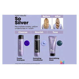 Matrix So Silver hair care product set with shampoo, conditioner, and mask on a purple background.