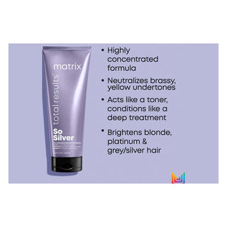 Matrix Total Results So Silver hair care product with features listed on a purple background