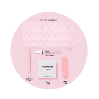 Set of nail care products including a jelly stickers pad, nail glue, prep pad, cuticle stick, and nail file on a pink background.