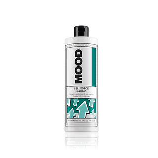 A bottle of MOOD Cell Force Shampoo with a white and teal label, indicating it is a product designed to counteract hair loss.