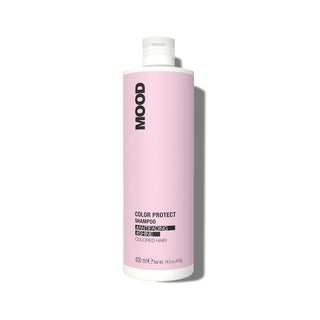 A bottle of MOOD Color Protect Shampoo with pink labeling on a white background.