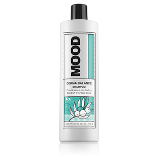 A bottle of MOOD Derma Cleansing Shampoo with a grey label on a white background.