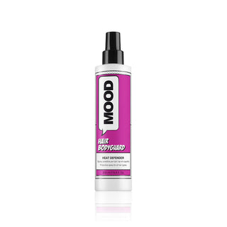 A bottle of MOOD Hair Bodyguard Heat Defender spray with a white label and purple accents.