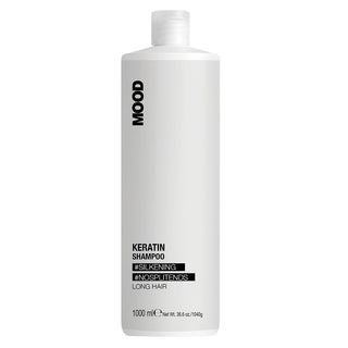A bottle of MOOD Keratin Shampoo in 1 litre with a white label and cap, on a white background.