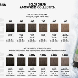 A hair color shade chart titled 'Color Cream Arctic Vibes Collection' showing multiple dark and light brown swatches labeled with shade codes and names such as Arctic Brown, Arctic Light Brown, Arctic Dark Blonde, Arctic Blonde, Arctic Extra Light Blonde, Arctic Intense Brown, Arctic Intense Light Brown, Arctic Intense Dark Brown, Arctic Intense Light Blonde, and Arctic Intense Extra Light Blonde.