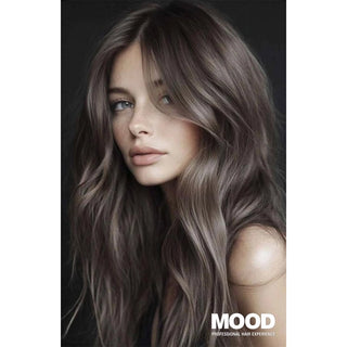 A close-up portrait of a woman with long, wavy, ash-toned hair in a cool gray-brown shade, set against a dark studio background. The text 'MOOD PROFESSIONAL HAIR EXPERIENCE' is visible in the bottom right corner.