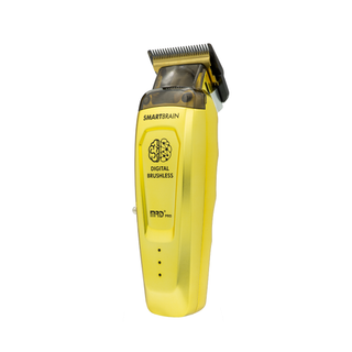 Yellow hair trimmer with 'SmartBrain' branding on a white background