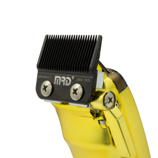 Yellow hair clipper with black comb attachment on a white background