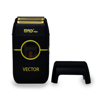 Black and gold electric shaver with 'MRD Pro' branding on a white background