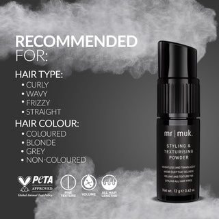 Mr. Muk styling and texturising powder bottle with product details on a dark background